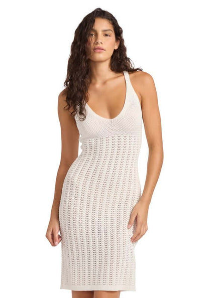 Crochet V-Neck Midi Dress Ecru
