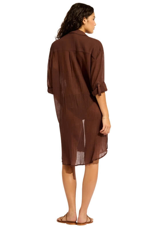 Crinkle Twill Beach Shirt Dark Chocolate by Seafolly, showing the back view with long sleeves and high low hemline.