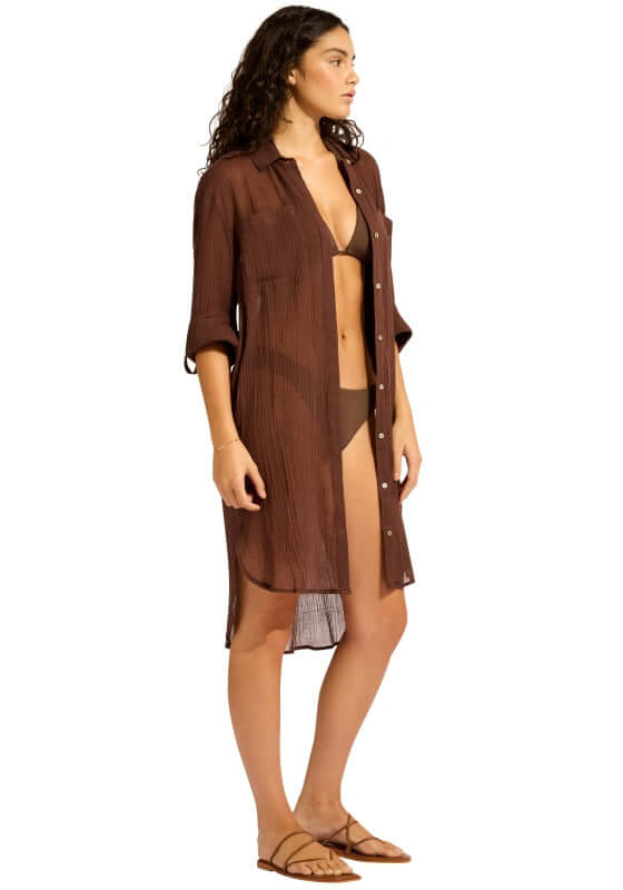 Crinkle Twill Beach Shirt Dark Chocolate by Seafolly, stylish beach cover-up with long sleeves and high low hemline.