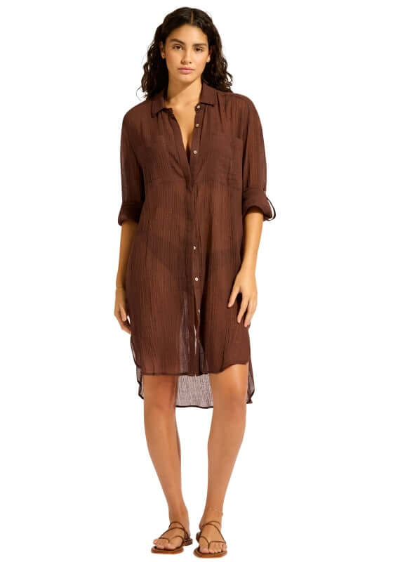 Crinkle Twill Beach Shirt Dark Chocolate by Seafolly, featuring a stylish long sleeve design with button detail.