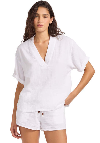 Double Gauze TV-Neck Top White by Seafolly, featuring a relaxed fit and soft, breathable fabric, perfect for warm days.