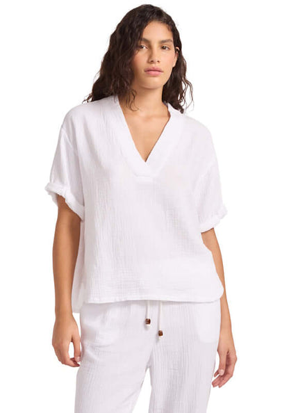 Double Gauze TV-Neck Top White by Seafolly, featuring a relaxed fit and lightweight fabric, perfect for summer attire.