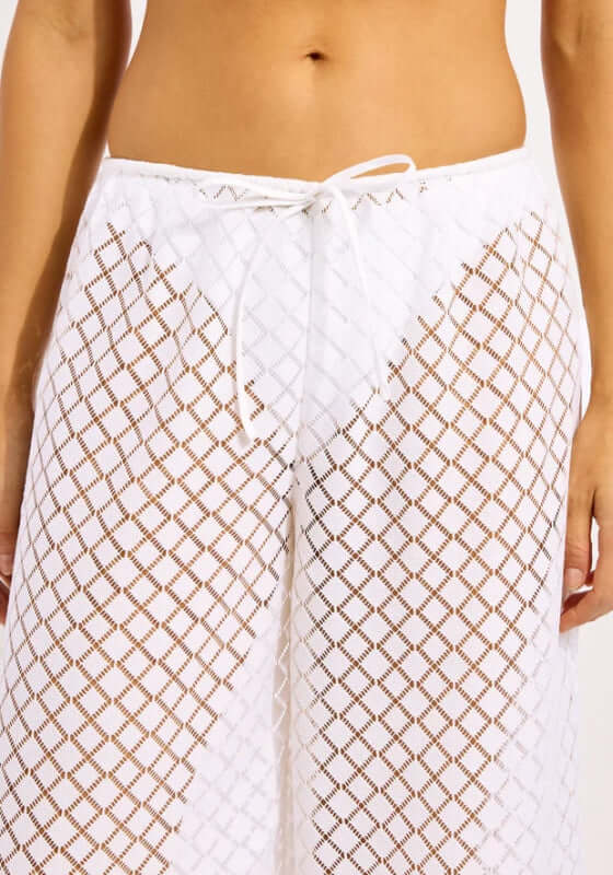 Drawstring Lace Beach Trousers White by Seafolly featuring delicate lace detailing and adjustable drawstring for comfort.
