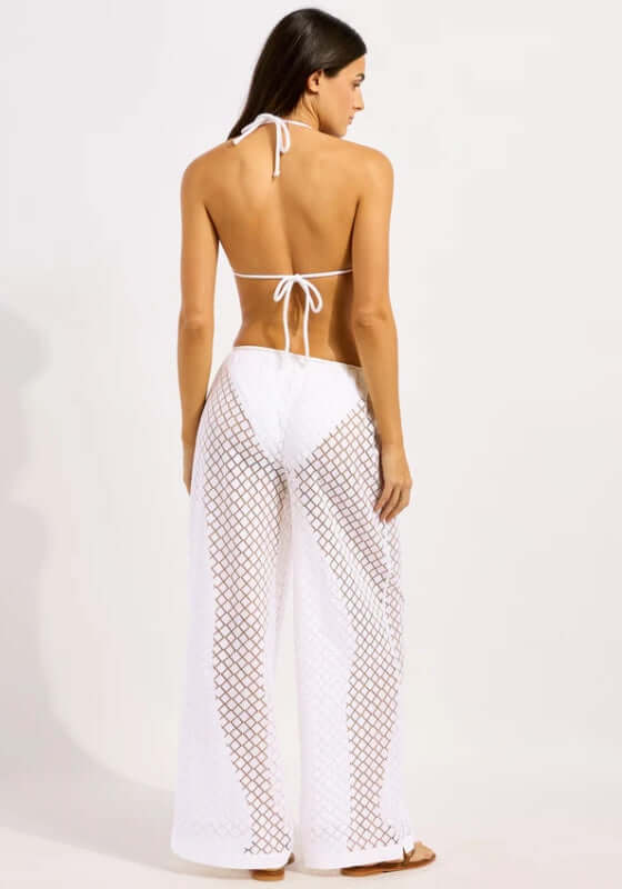 Drawstring Lace Beach Trousers White by Seafolly worn by a model, featuring lace detailing and a relaxed fit.