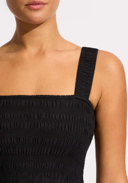 Faithful Midi Dress Black by Seafolly close-up of smocked top and thick strap.