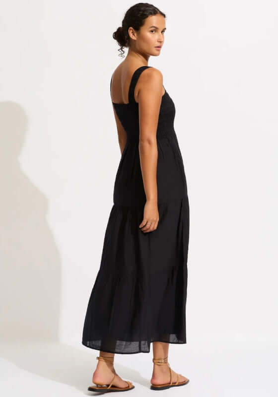 Faithful Midi Dress Black by Seafolly, featuring a smocked top, thick straps, and tiered skirt, perfect for any occasion.