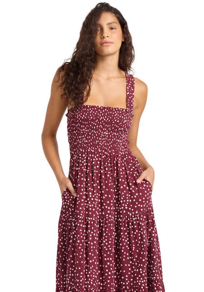 Faithful Midi Dress Dolce Dot by Seafolly, featuring a smocked top and tiered skirt with pockets.