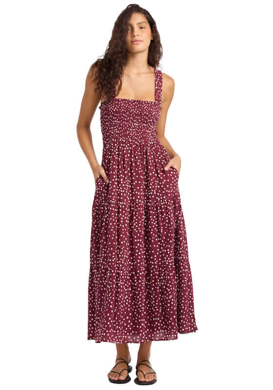 Faithful Midi Dress Dolce Dot by Seafolly, featuring smocked top, thick straps, pockets, and tiered skirt.