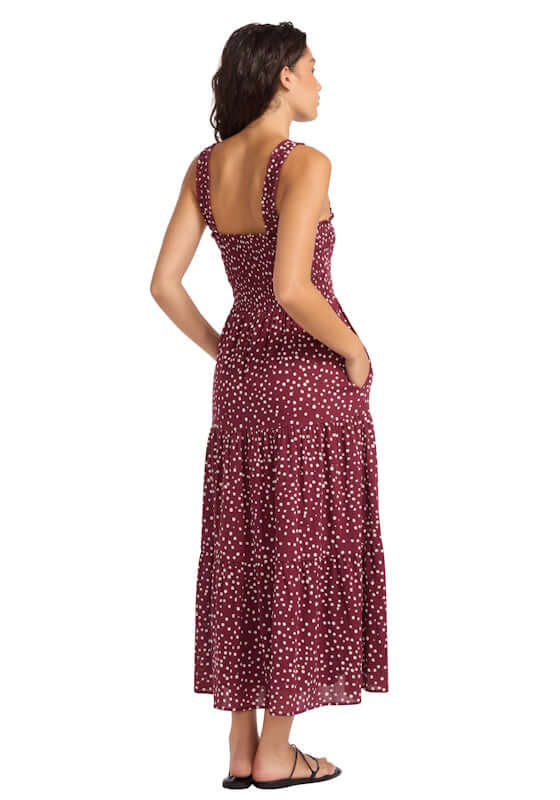 Faithful Midi Dress Dolce Dot by Seafolly, showcasing the back view with a smocked top and tiered skirt.
