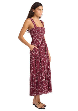 Faithful Midi Dress Dolce Dot by Seafolly, woman wearing maroon dress with smocked top and pockets.