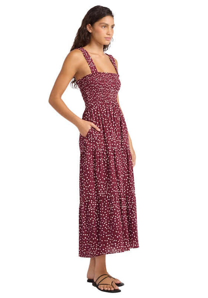 Faithful Midi Dress Dolce Dot by Seafolly, woman wearing maroon dress with smocked top and pockets.