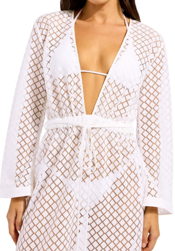 Gathered Lace Cover Up by Seafolly, featuring a deep V neckline and flowing sleeves in crisp white.