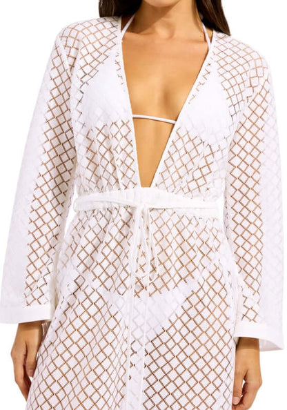 Gathered Lace Cover Up by Seafolly, featuring a deep V neckline and flowing sleeves in crisp white.