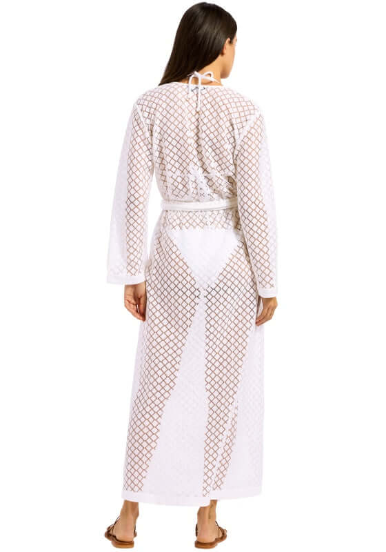 Gathered Lace Cover Up by Seafolly, showcasing a back view with intricate lace and a relaxed fit, perfect for beachwear.