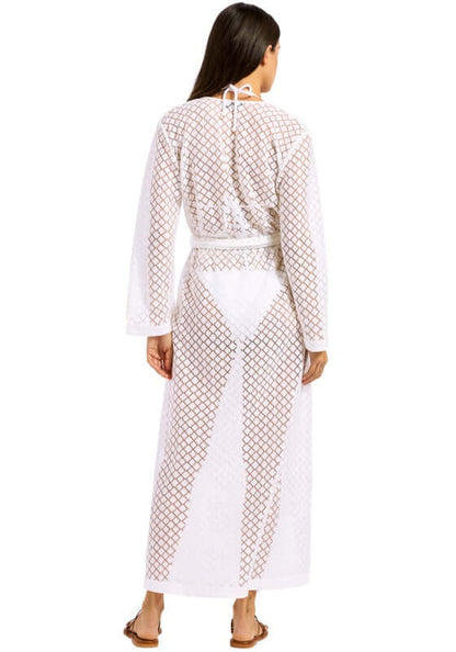 Gathered Lace Cover Up by Seafolly, showcasing a back view with intricate lace and a relaxed fit, perfect for beachwear.