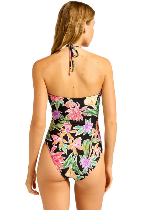 Black House of Flowers DD U Tube Swimsuit by Seafolly, featuring a floral design and halter tie neck from the back.