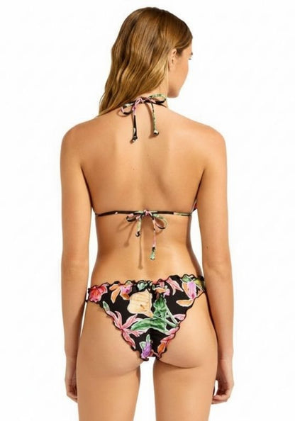 Hothouse Flowers Triangle Bikini Black by Seafolly, back view showcasing ruched design and frilly hem.