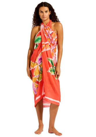 Melon House of Flowers Sarong by Seafolly, vibrant tropical cover-up featuring bold floral print on a red background.