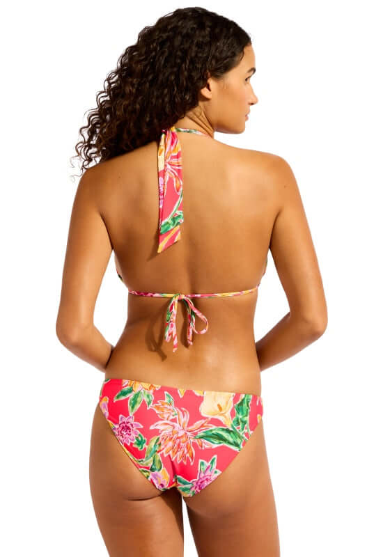 Melon House of Flowers Longline Triangle Bikini by Seafolly, showing the back view of the bikini with floral design and tie straps.