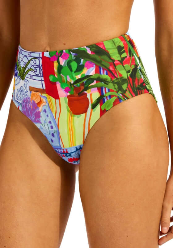 La Boca High Waisted Bikini Bottoms by Seafolly featuring a vibrant plant and color pattern in a high-waisted style.