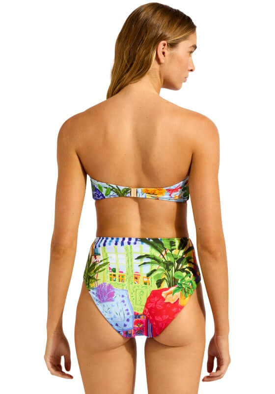 La Boca Bandeau Bikini by Seafolly, featuring a colorful back view of the bandeau top and high-rise bikini bottoms.