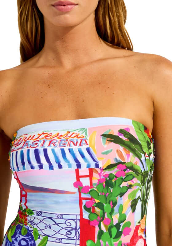 La Boca Bandeau Swimsuit by Seafolly, featuring a colorful tropical print and strapless design, perfect for beach days.