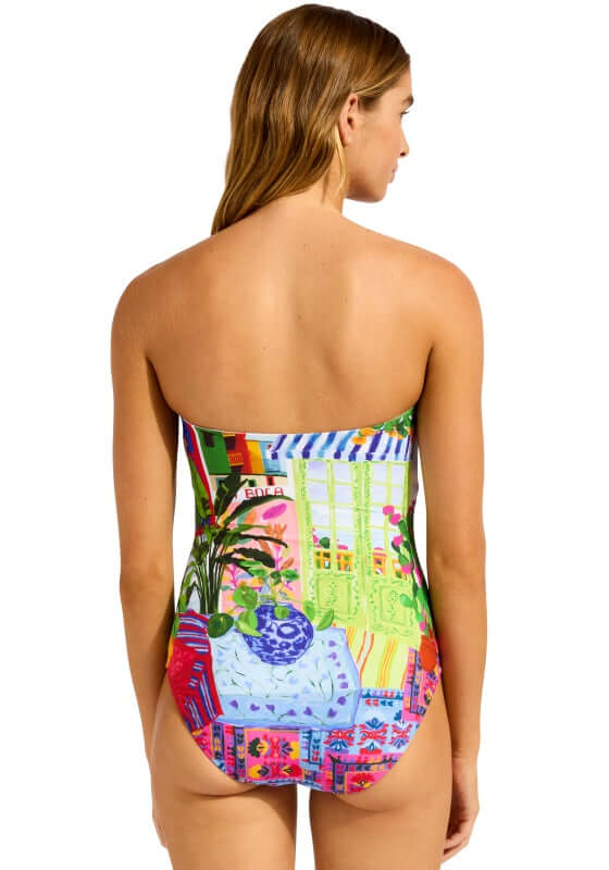 La Boca Bandeau Swimsuit by Seafolly featuring a vibrant print, back view on model.