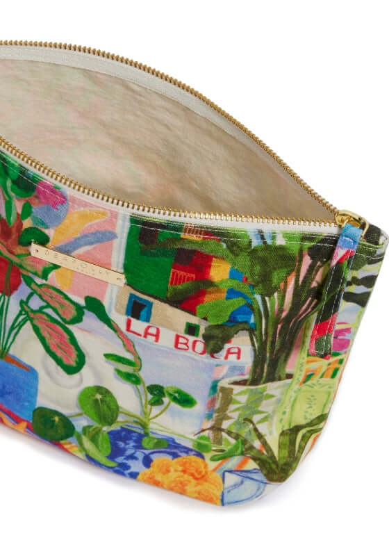 La Boca Beach Pouch by Seafolly, vibrant beach pouch with colorful print and zipper opening.