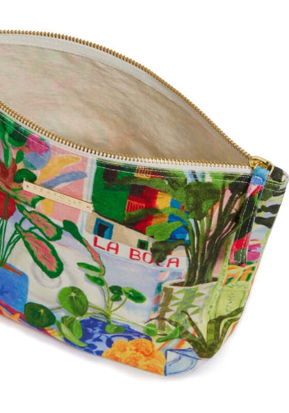 La Boca Beach Pouch by Seafolly, vibrant beach pouch with colorful print and zipper opening.