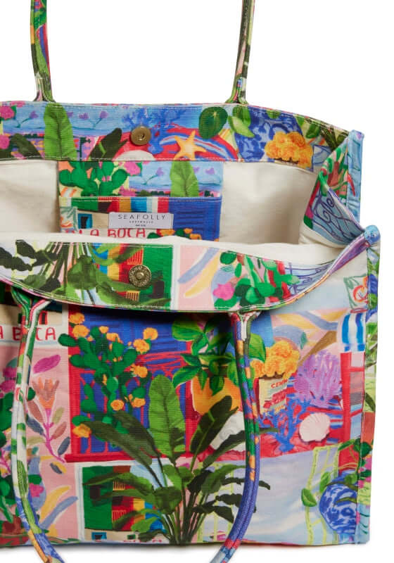 La Boca Tote Beach Bag by Seafolly, vibrant floral design showcasing the spacious interior and sturdy handles.