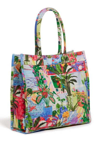 La Boca Tote Beach Bag by Seafolly, colorful tote with vibrant floral and tropical prints, ideal for beach essentials.