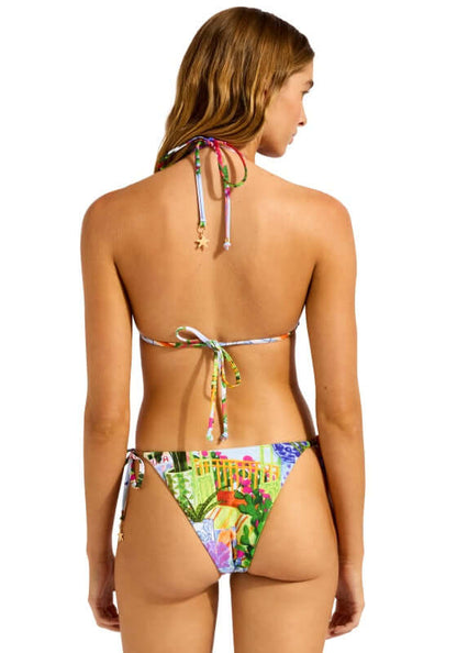 La Boca Longline Triangle Bikini by Seafolly, featuring a colorful back view with adjustable tie straps and minimal coverage bottoms.