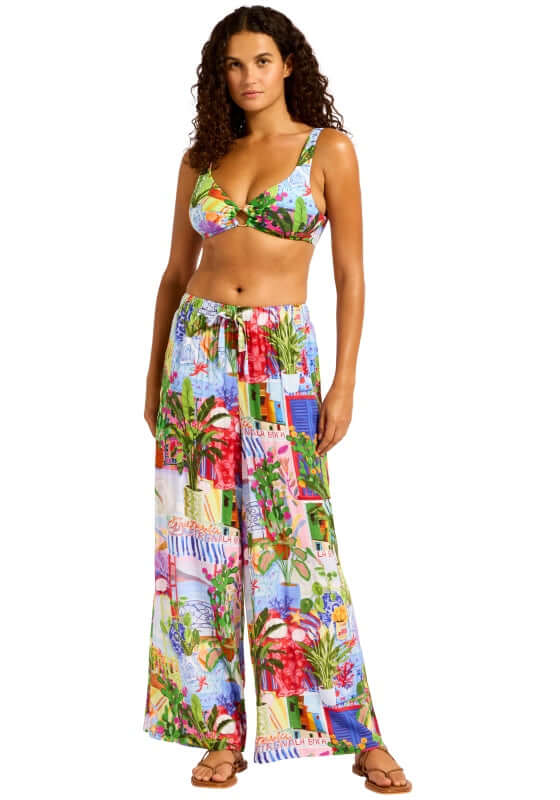 La Boca Wide Leg Beach Trousers by Seafolly, featuring a colorful design ideal for beach days, paired with a matching bikini top.