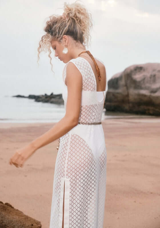 Lace Long Cover Up White by Seafolly, featuring a flowing silhouette and lightweight lace design perfect for beach outings.