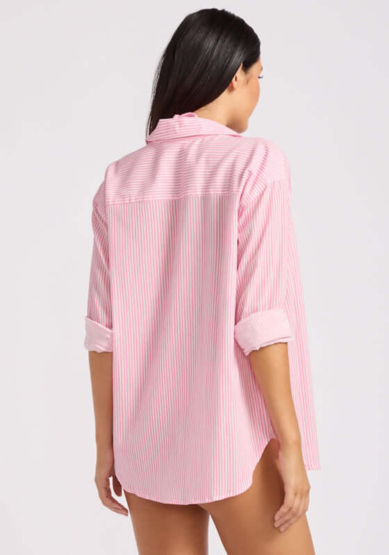 Stripe Gauze Beach Shirt Pink by Seafolly, back view showing the relaxed fit and classic stripes in light pop pink.