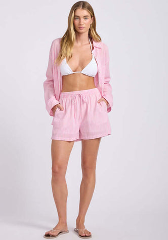 Stripe Drawstring Beach Short Light Pop Pink by Seafolly, featuring adjustable drawstring waist and classic stripe detailing.