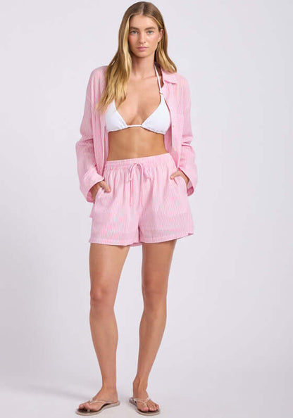 Stripe Drawstring Beach Short Light Pop Pink by Seafolly, featuring adjustable drawstring waist and classic stripe detailing.