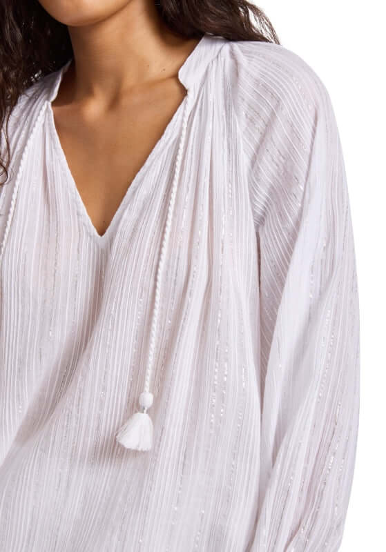 Lurex Stripe Peasant Top White