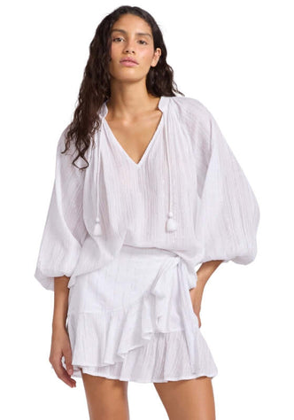Seafolly lurex stripe peasant top white