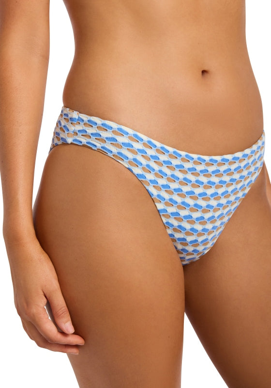 Mala Ring Bandeau Bikini Powder Blue by Seafolly, featuring stylish blue patterned bikini bottom side view.