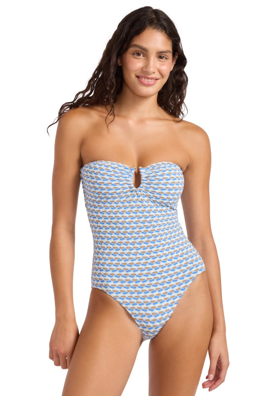 Mala Bandeau Swimsuit Powder Blue by Seafolly, featuring a keyhole design and stylish cloud pattern.