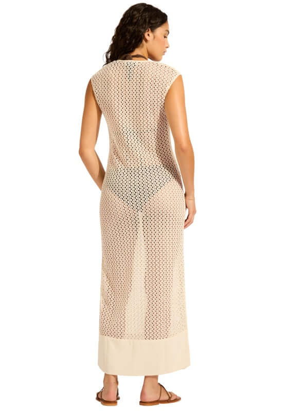 Maxi Tank Beach Dress Ecru by Seafolly, back view showing playful tiered detailing and crochet design.