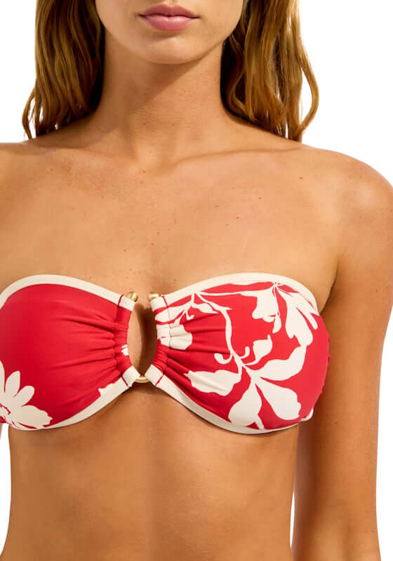 Mayflower Ring Front Bandeau Bikini Top Cosmo Red by Seafolly, featuring a floral design and ring front detail.
