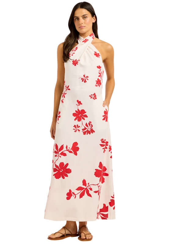 Halter Maxi Dress Ecru by Seafolly, featuring a soft ecru base with striking cosmo red floral pattern.