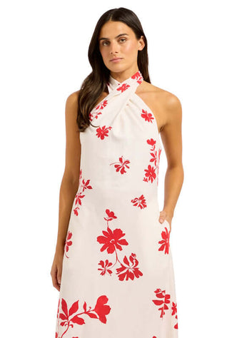 Halter Maxi Dress Ecru by Seafolly, featuring a striking red floral pattern and a flattering halter neckline.