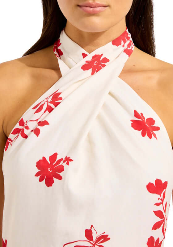 Halter Maxi Dress Ecru by Seafolly featuring a floral design in cosmo red on a soft ecru base, highlighting the halter neckline.
