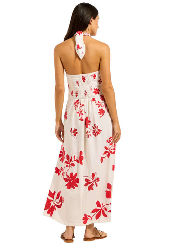 Halter Maxi Dress Ecru by Seafolly, showing the back view with vibrant cosmo red floral pattern on soft ecru fabric.