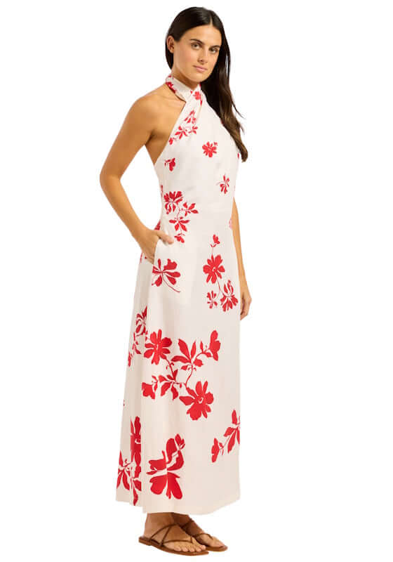Halter Maxi Dress Ecru by Seafolly, featuring a soft ecru base with striking cosmo red floral pattern.