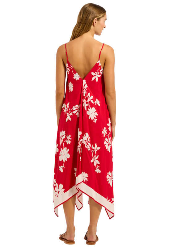 Mayflower Scarf Dress Cosmo Red by Seafolly, featuring a flowing silhouette and floral print from the back.