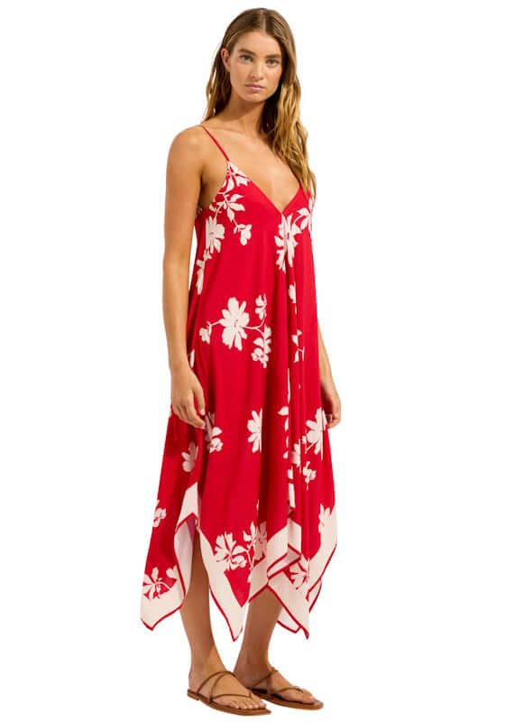 Mayflower Scarf Dress Cosmo Red by Seafolly, a flowing beach dress with floral design, ideal for seaside elegance.